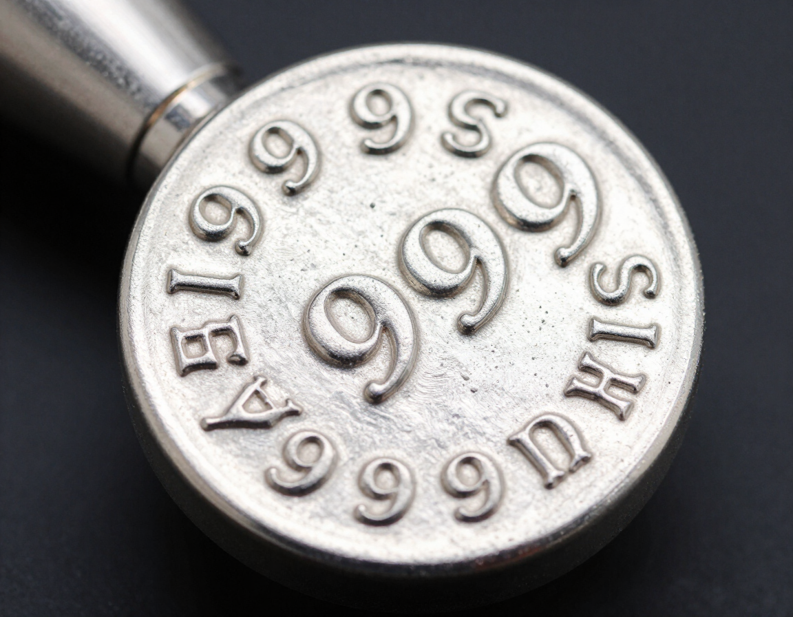 Extreme macro close-up of .9999 fine silver round showing purity stamp