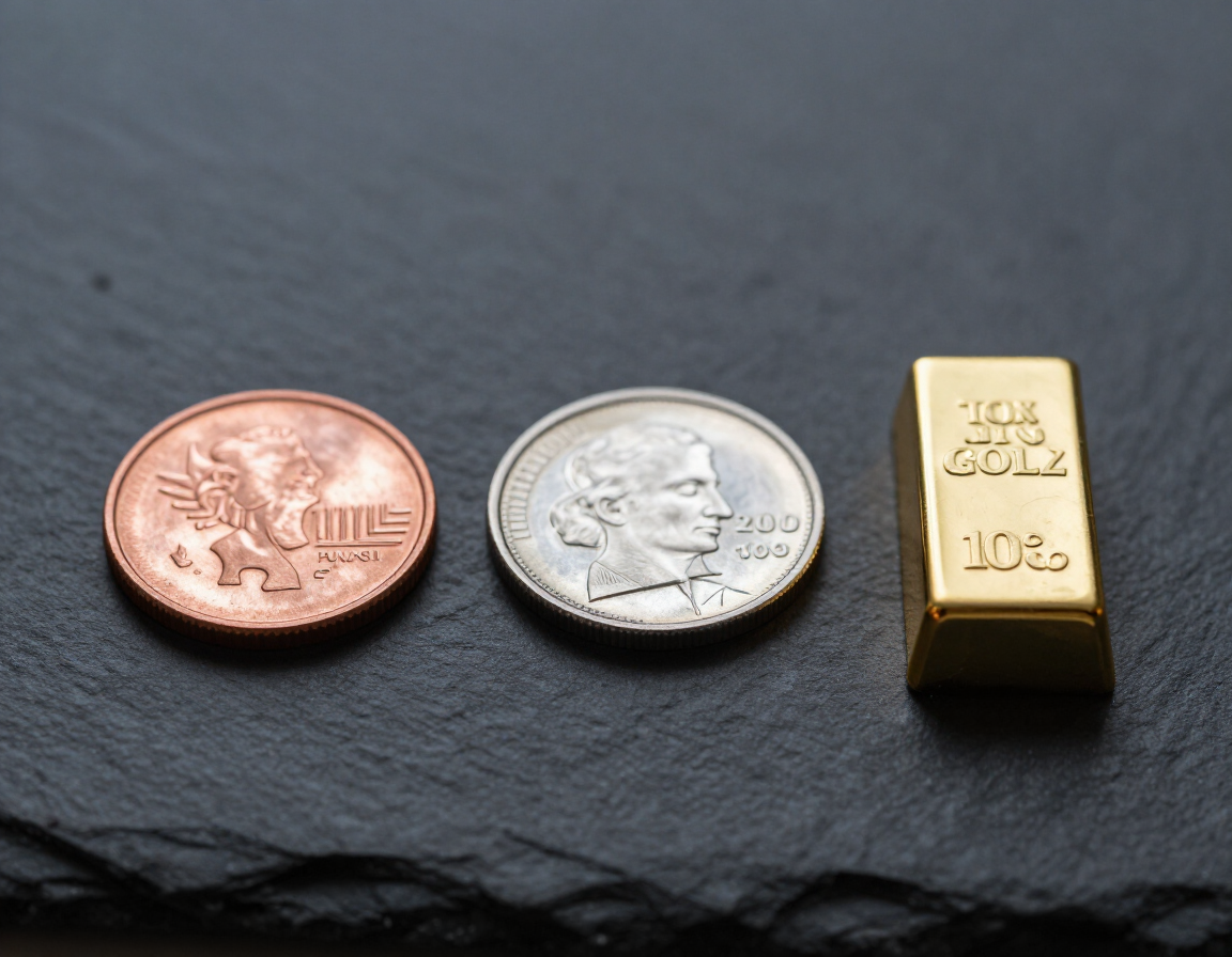 Copper round, silver round, and gold bar side by side on dark slate