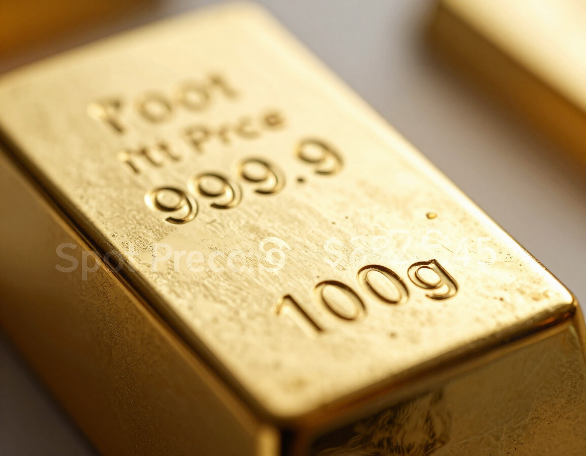 Gold bar with spot price ticker softly blurred in background