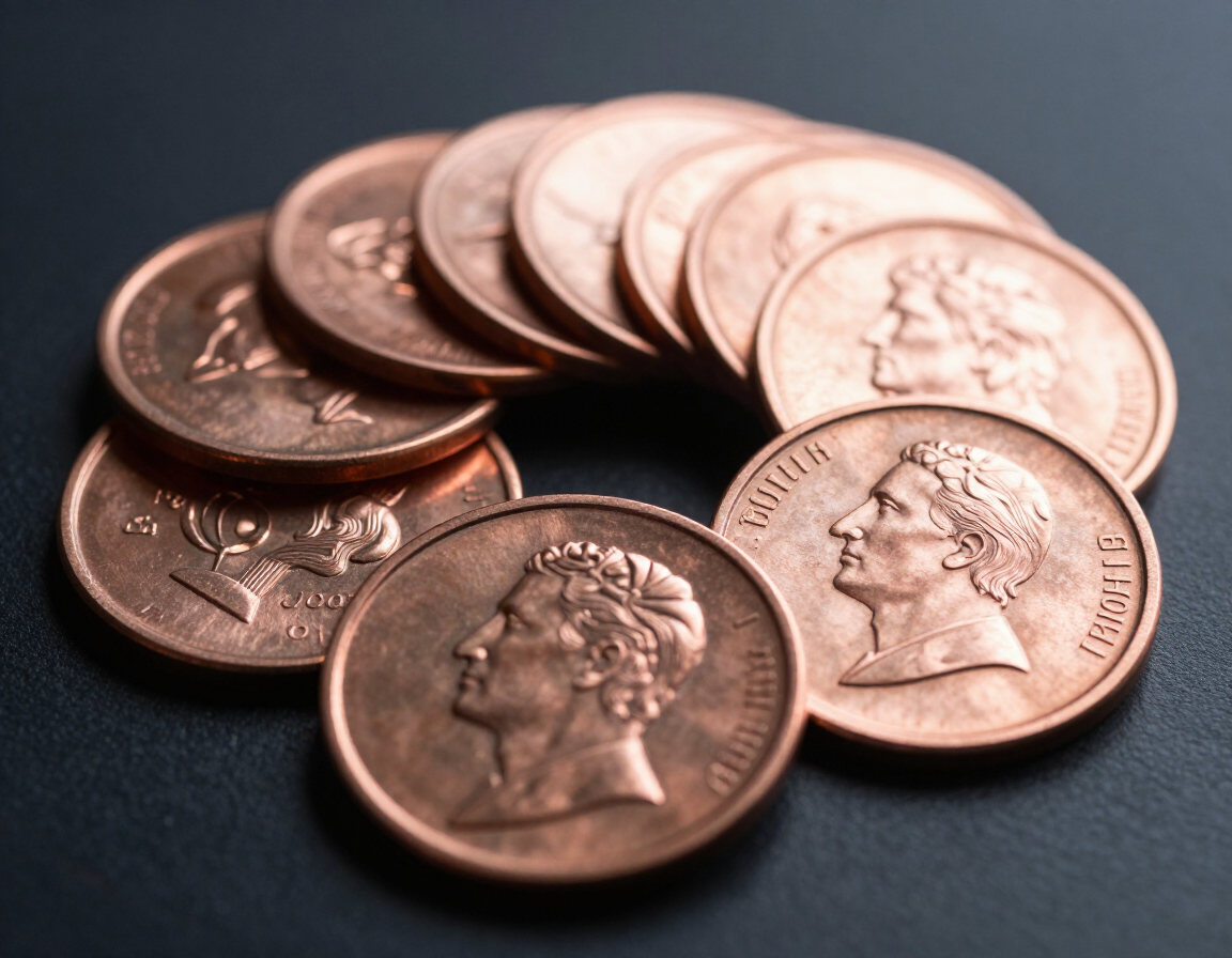 Spread of minted copper rounds fanned on dark surface