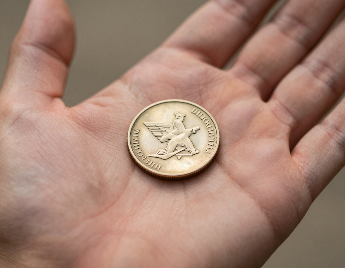 Military challenge coin in open palm showing unit insignia