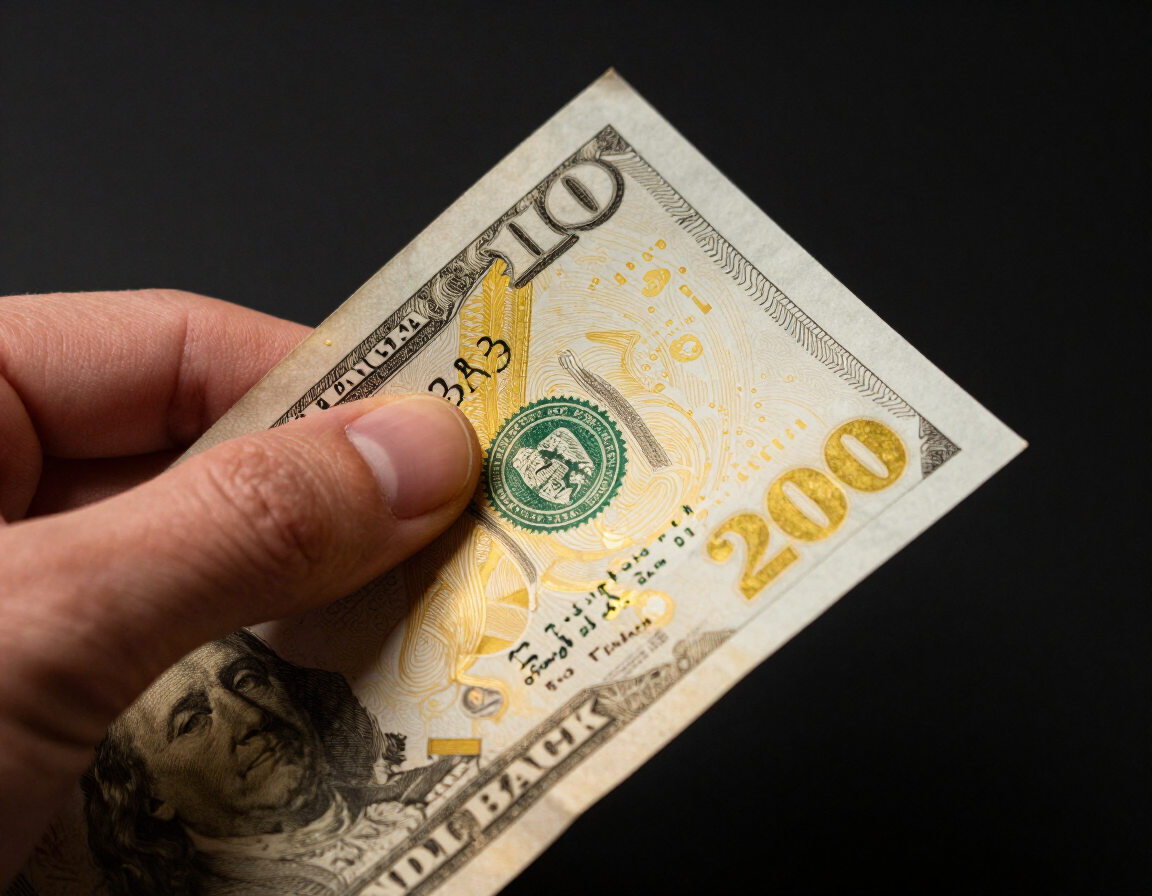 New Hampshire Goldback note held up to light showing gold foil shimmer