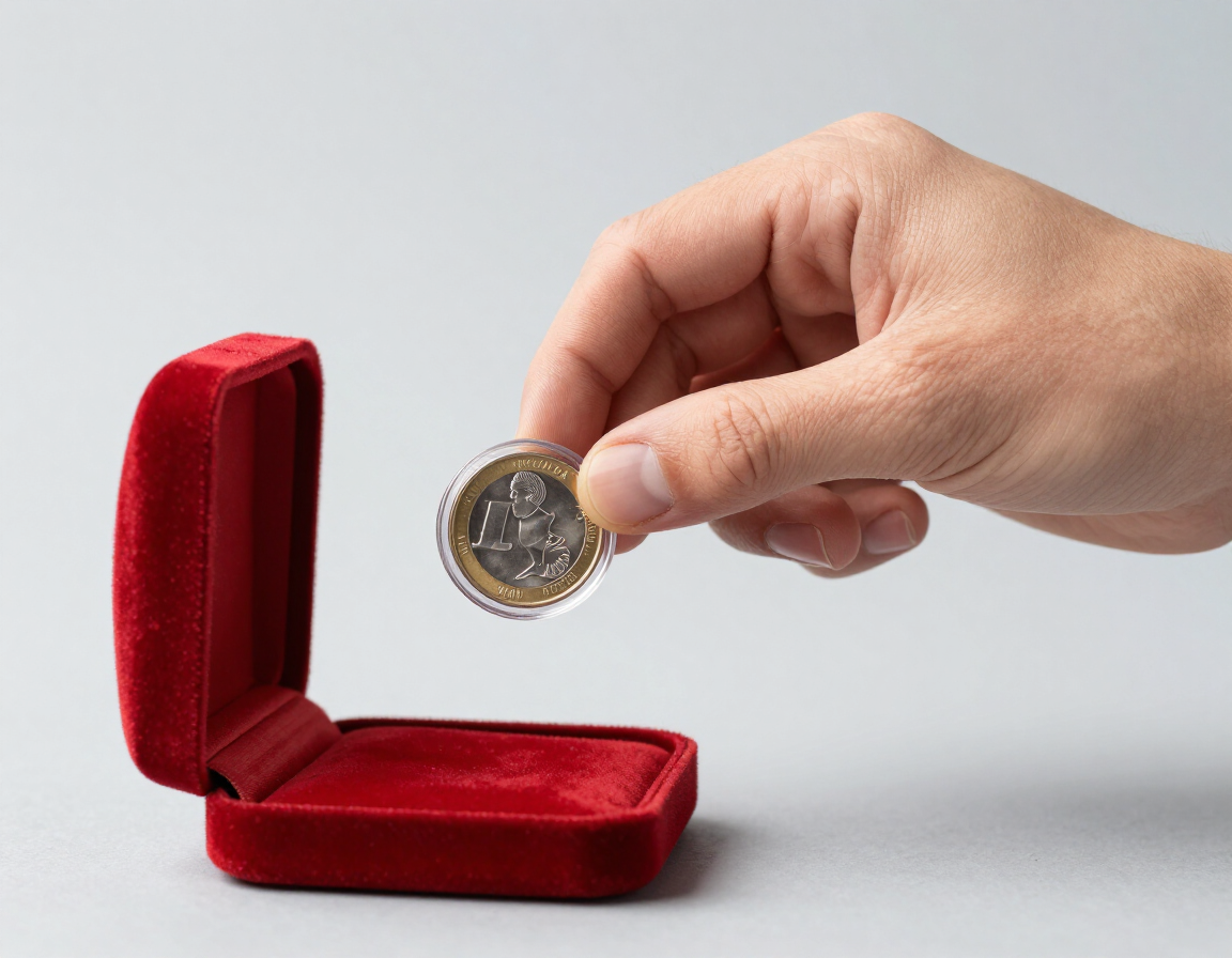 Hand holding coin by edge, coin capsule and velvet flip on surface below
