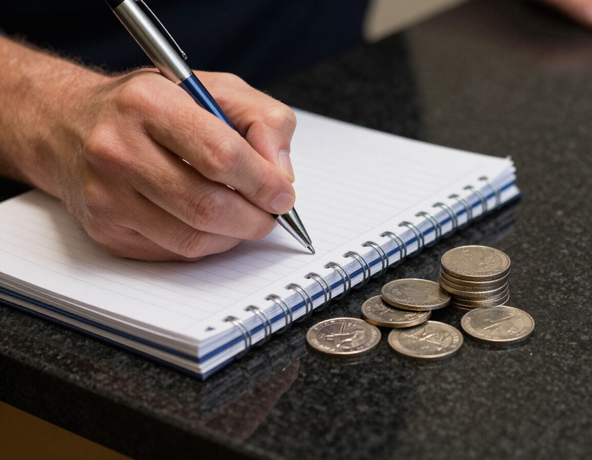 Hand writing on notepad beside silver rounds on a dark counter