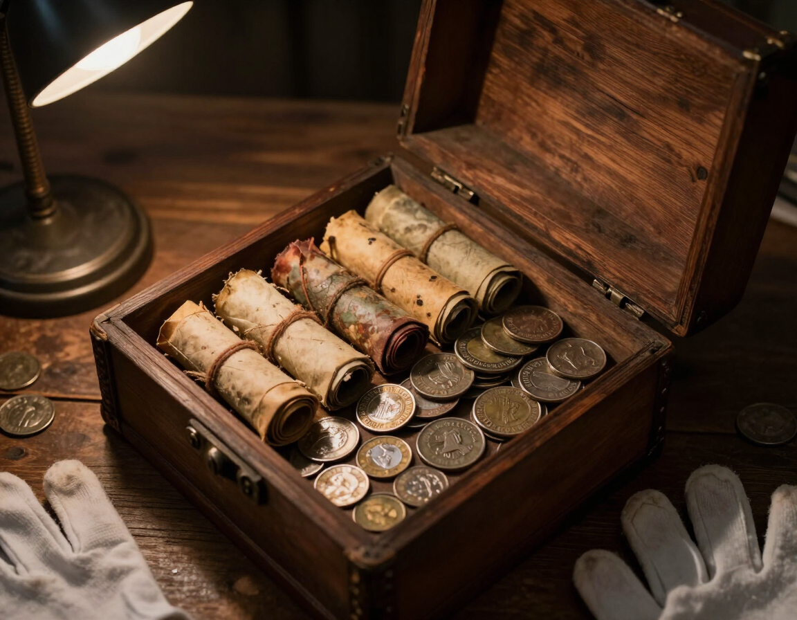 Open wooden estate case with assorted old coins and rounds