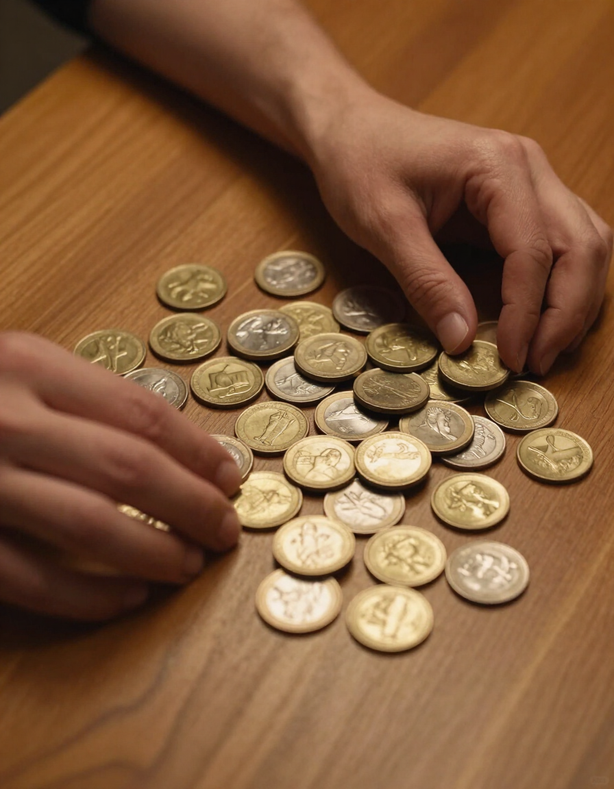 Coins spread across a counter with hands visible