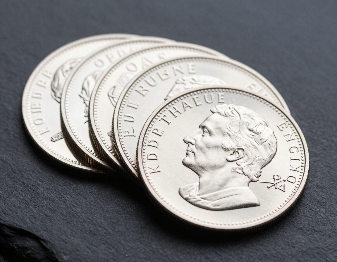 Silver rounds fanned out on dark slate