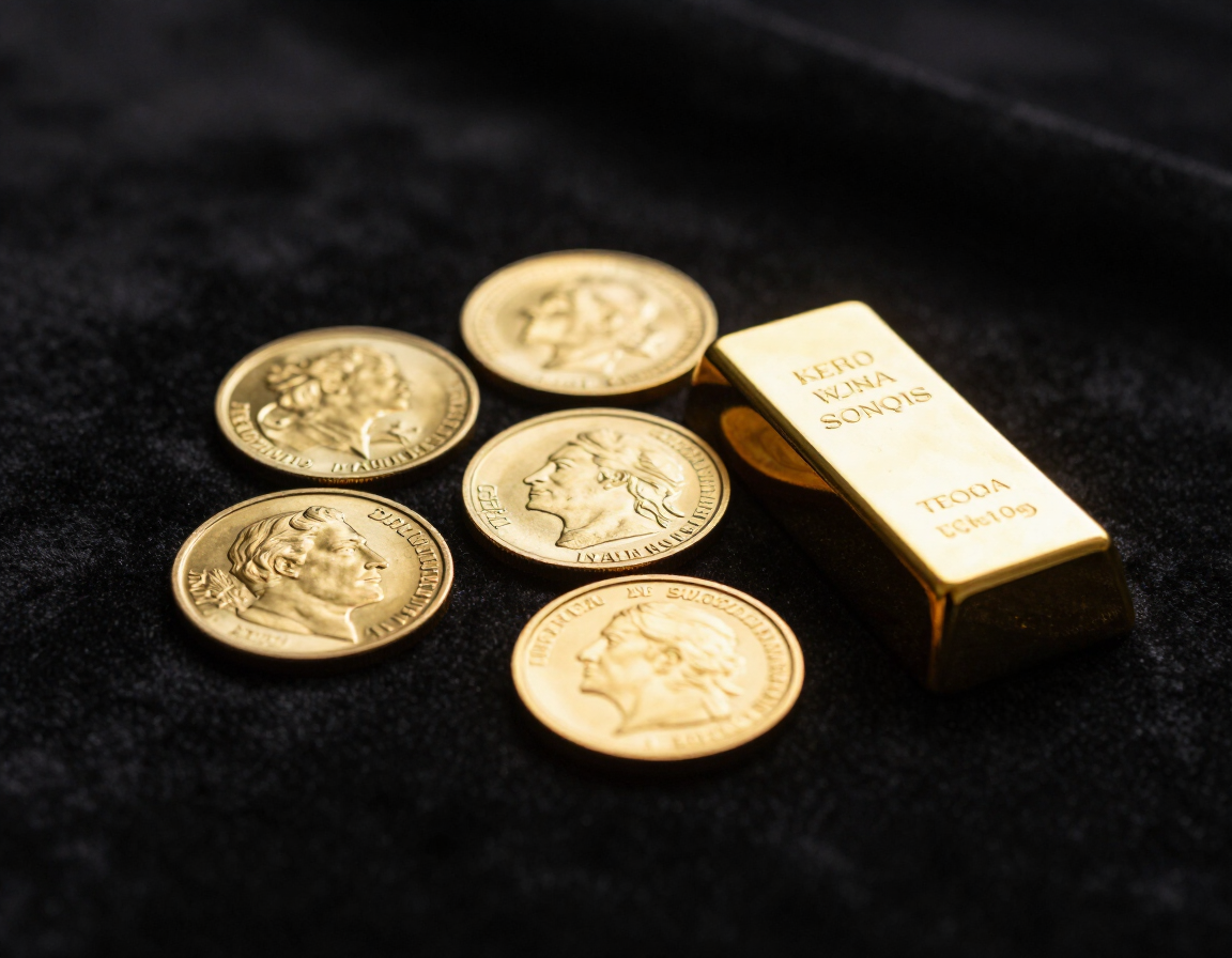 Gold coins and gold bar on black velvet