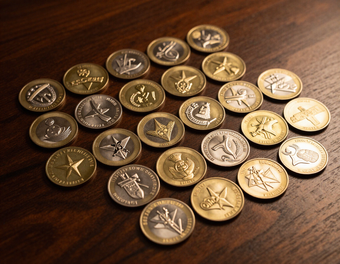 Military challenge coins spread on dark wood surface