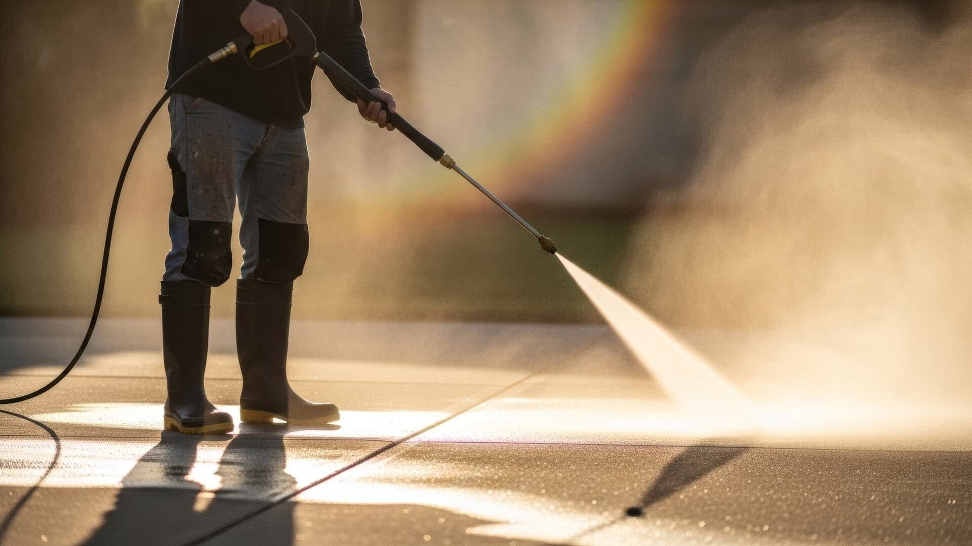 Person pressure-washing a sunlit sidewalk with a hose, spraying a wide mist of water