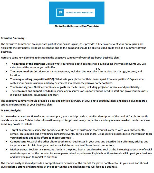 Photo booth business plan template preview