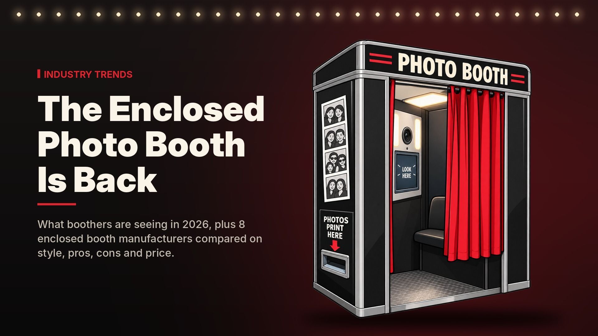 Illustration of a black enclosed photo booth with a red curtain and a Photo Booth marquee sign