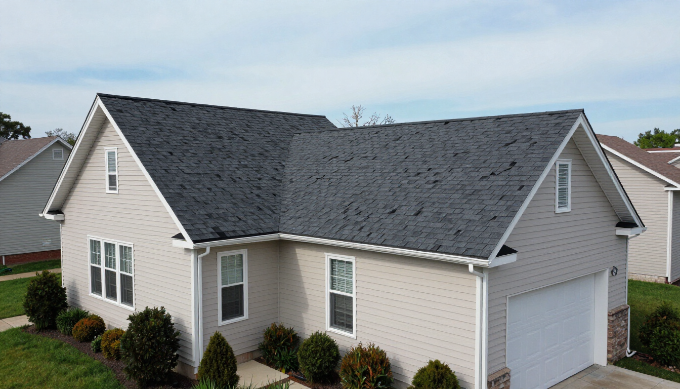 Suburban beige single-story house with dark shingled roof, white trim, and attached garage