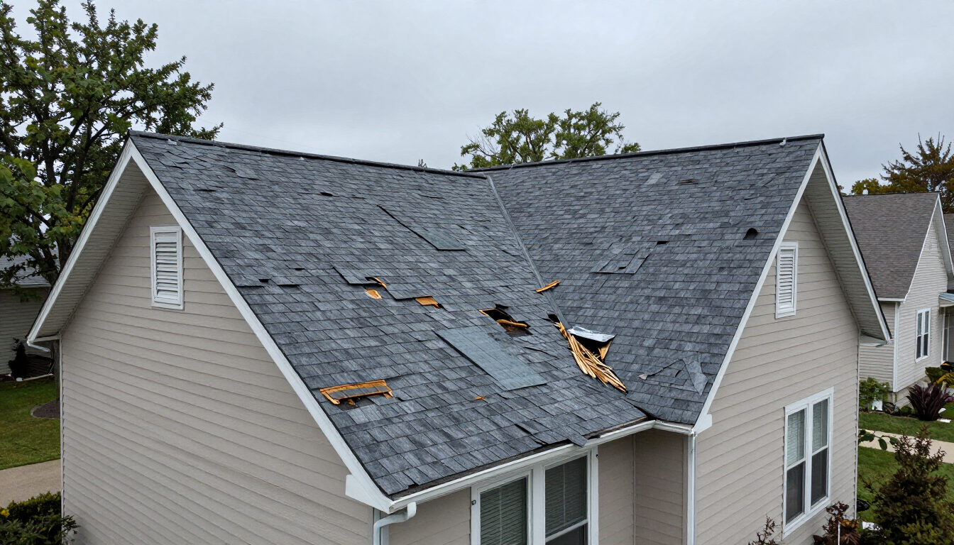 Damaged gray shingle roof with missing sections and exposed plywood on a suburban house
