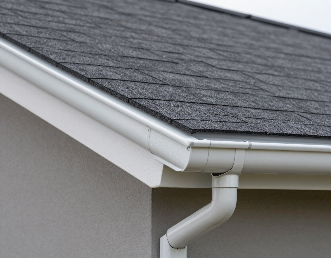 White house gutter and downspout under a gray shingled roof corner