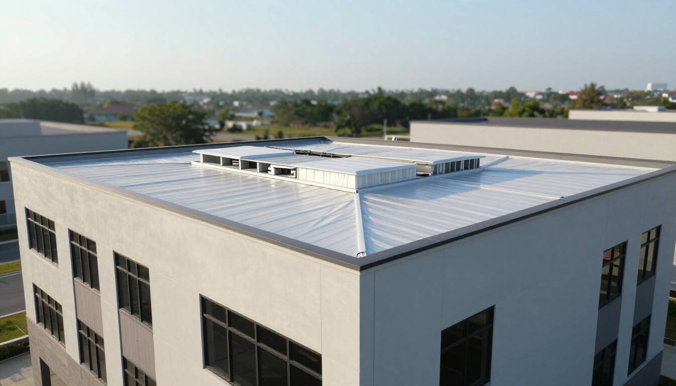 Aerial view of a white flat-roofed building with rooftop vents in a suburban area