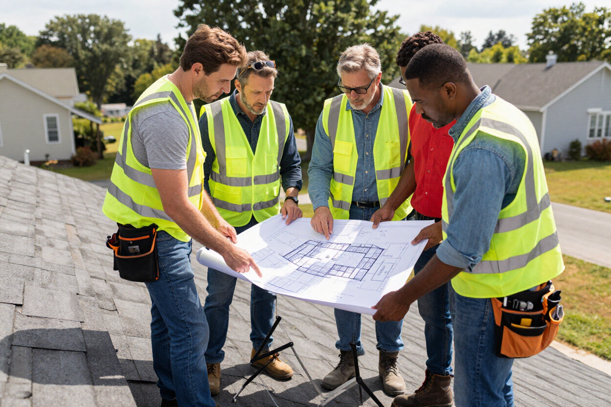 Four construction workers in safety vests review plans on a rooftop in a neighborhood.