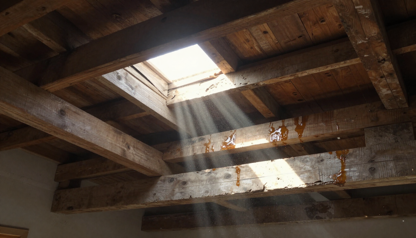 Dim attic with exposed wooden beams, rusted metal panels, and sunlight streaming through a roof opening.