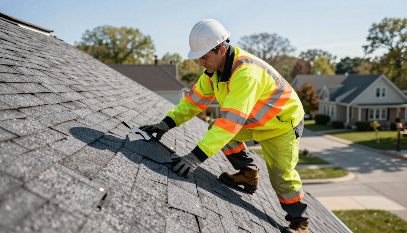 Worker in neon safety gear inspecting and repairing shingles on a steep rooftop.