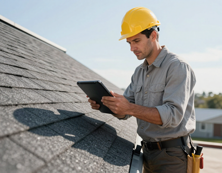 Roofer reviewing roof condition
