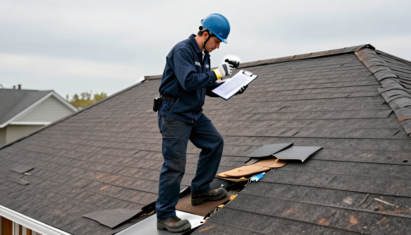 Worker inspecting damaged roof shingles with clipboard on a house rooftop