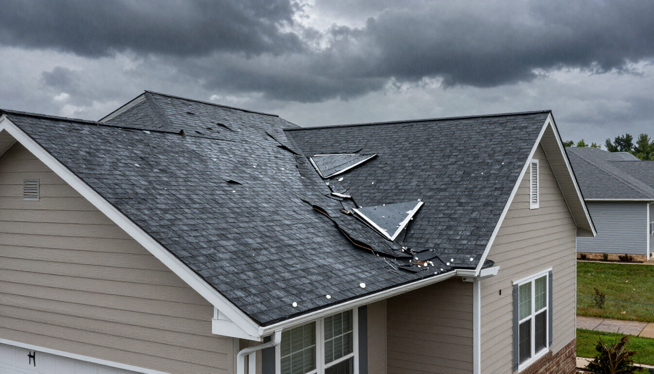 Damaged gray shingle roof with torn sections and storm damage on a beige house