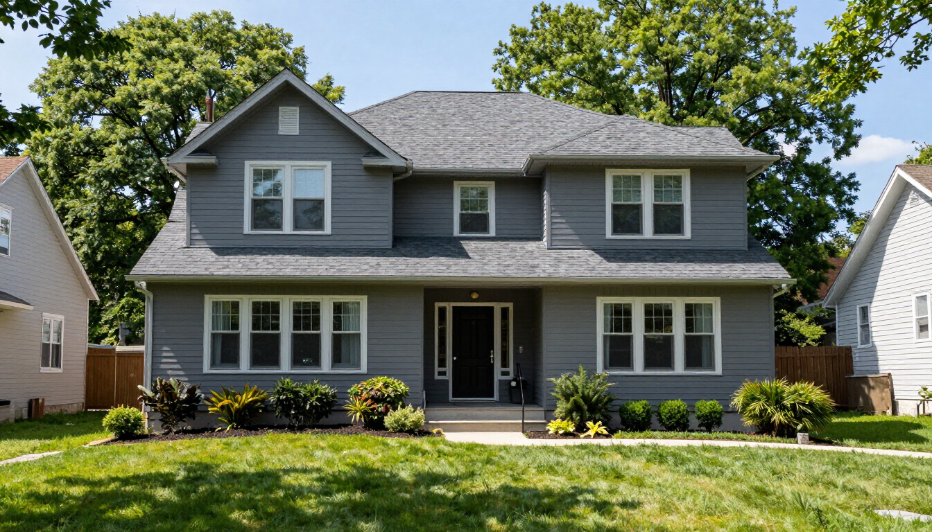 Two-story suburban home with a new charcoal shingle roof Two-story suburban home with a new charcoal shingle roof