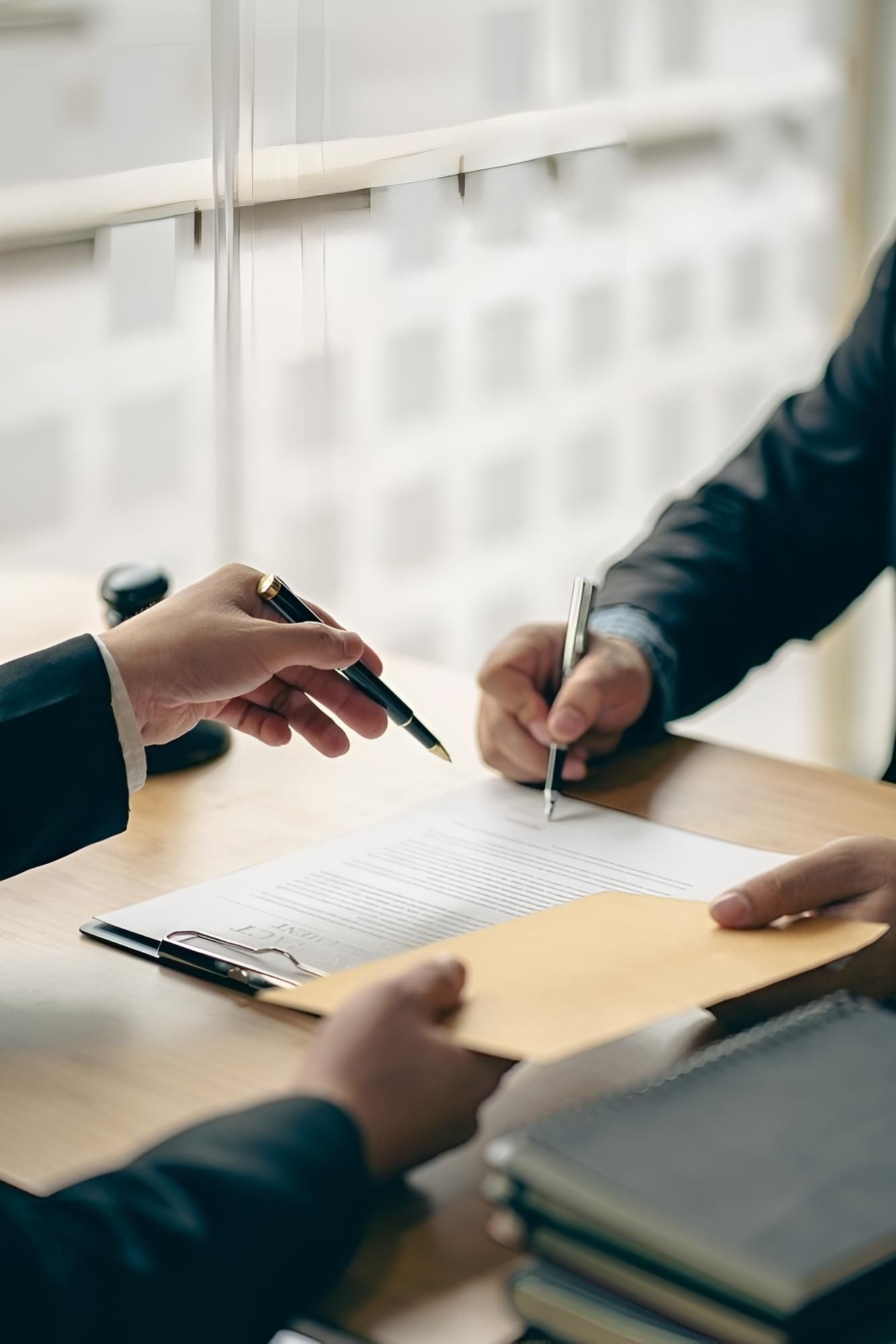 Two People Are Sitting at a Table Signing a Document — Bradley J Bragg - Solicitor in Cairns, QLD