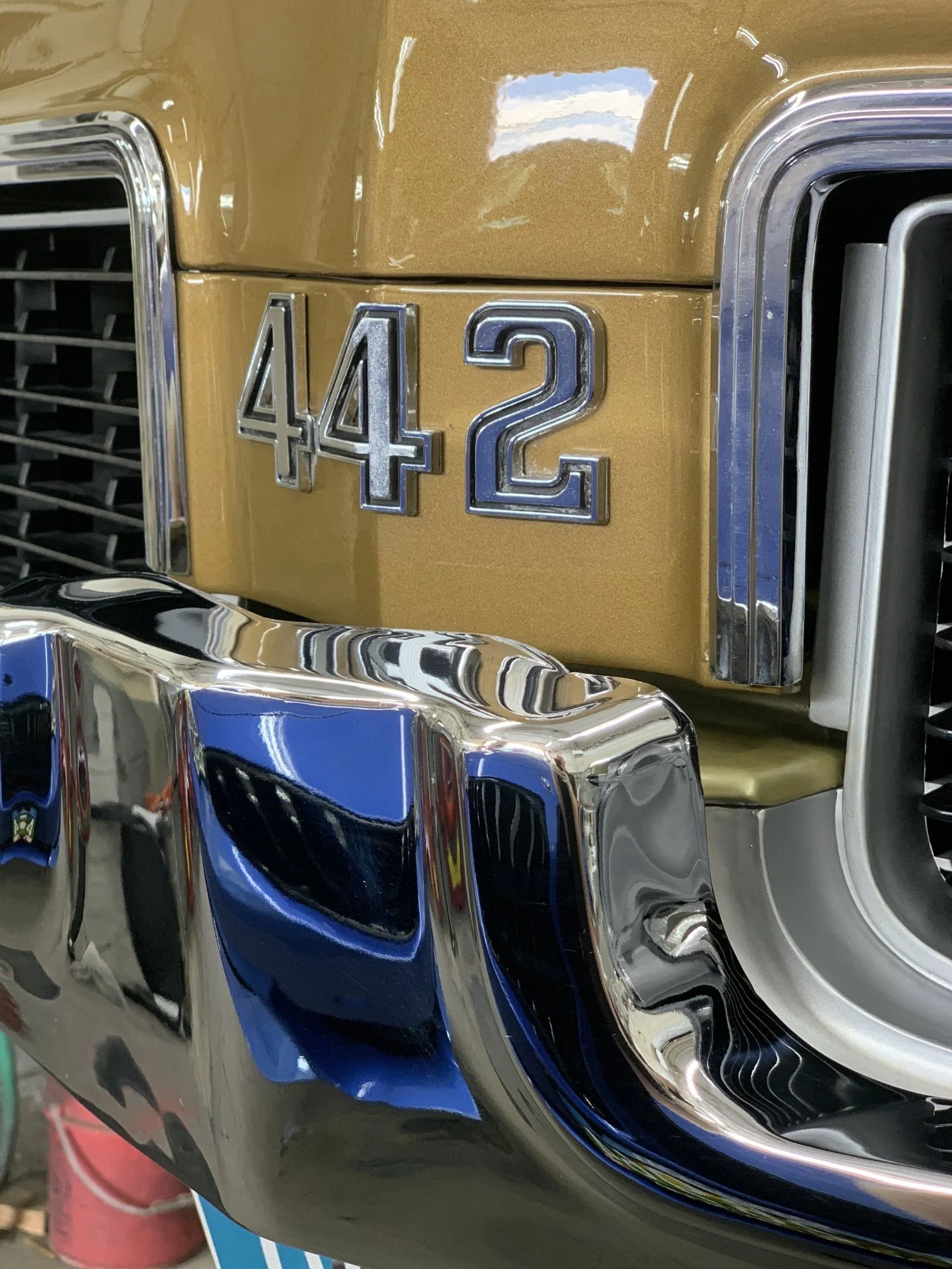 Close-up of a gold Oldsmobile 442 emblem with chrome bumper and grille.