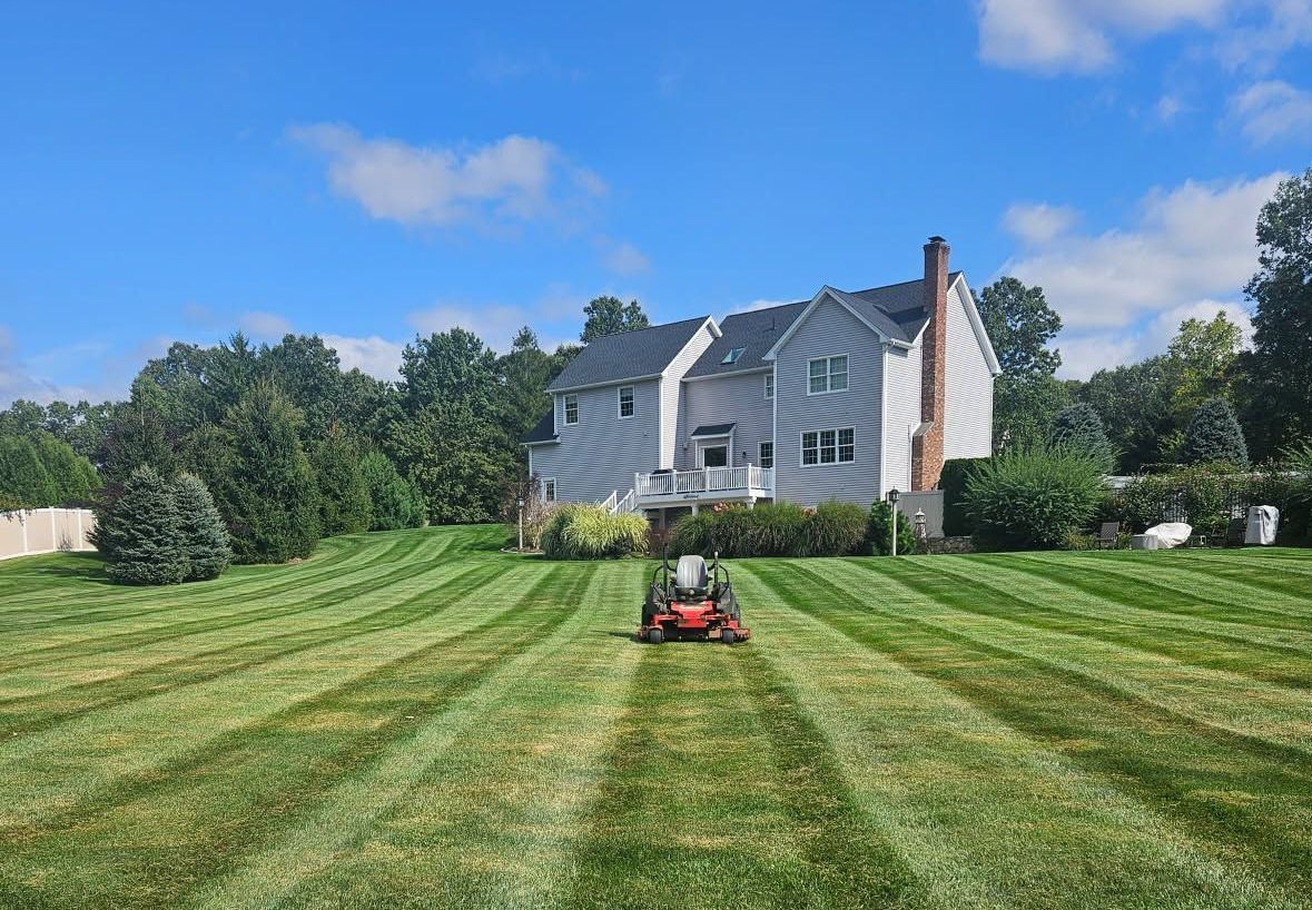 Man mowing striped lawn in front of a white two-story house under a blue sky