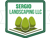 Sergio Landscaping LLC logo with three green trees and shield emblem