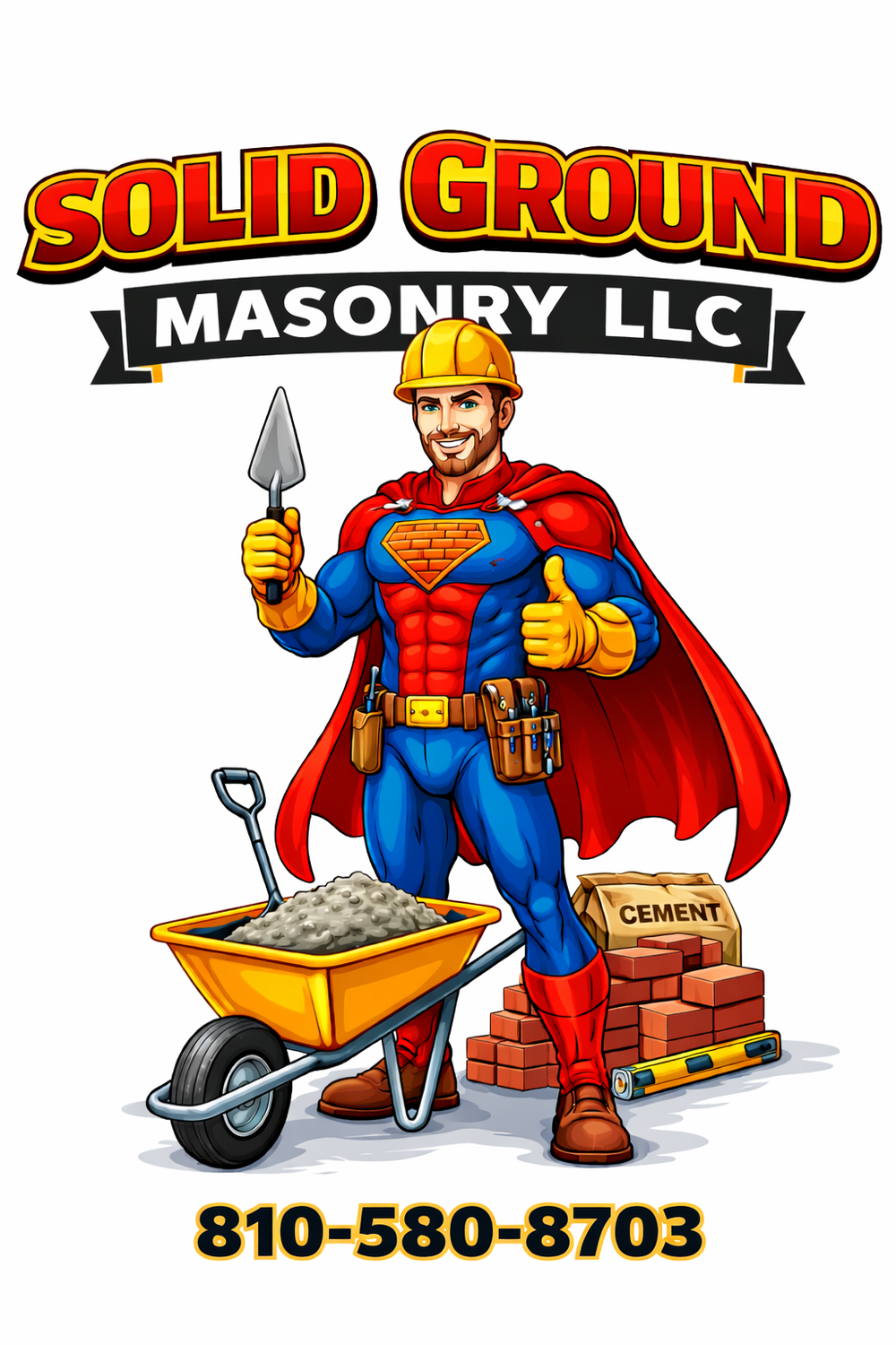 Solid Ground Masonry LLC logo with superhero mason, wheelbarrow, trowel, and phone number 810-580-8703