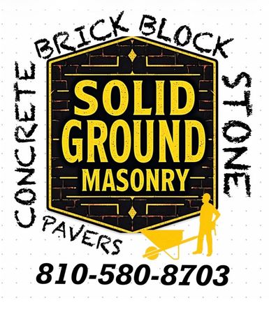 Solid Ground Masonry logo with brick, stone, concrete, pavers, and phone number 810-580-8703
