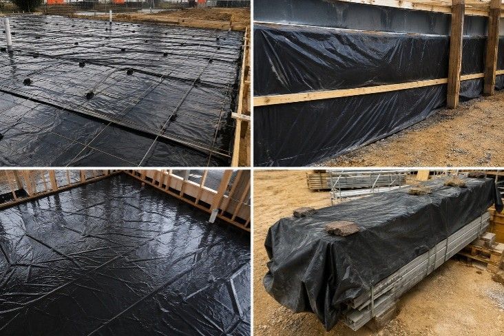 Four images of a construction site featuring poly-builder's film covering various areas & equipment