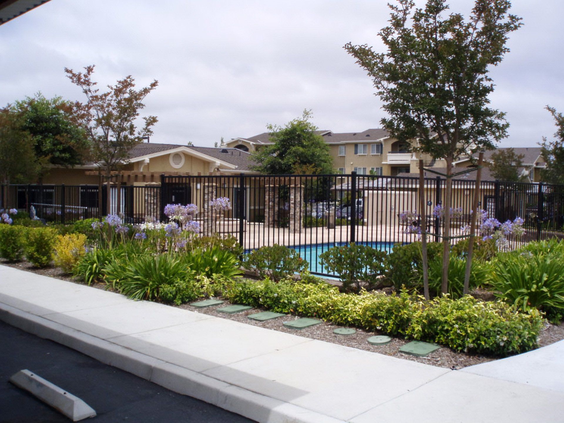 Apartment complex pool behind black fence, with landscaped flowers and a white curb in front.