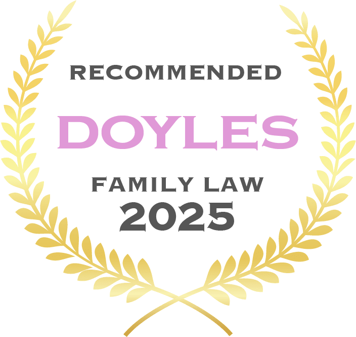 Doyles Family Law 2025 award seal, purple text, gold laurel wreath.