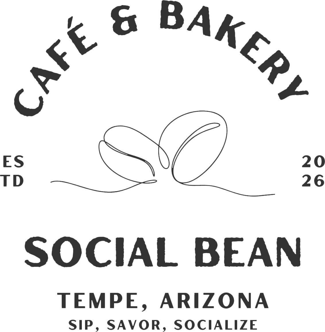 Logo for Social Bean caf&eacute; and bakery in Tempe, Arizona, with coffee bean line art and vintage lettering