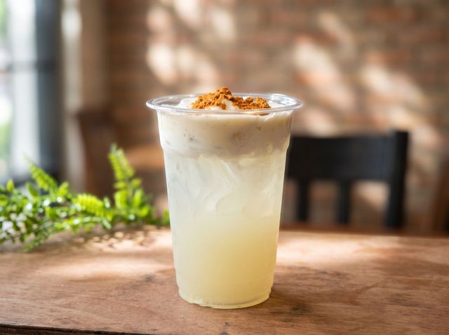 Iced creamy drink in a clear cup on a wooden table, topped with caramel crumbs, in a café setting