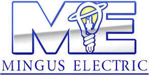 Mingus Electric logo with large blue letters and a lightbulb graphic above the company name