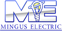 Mingus Electric logo with large blue letters and a lightbulb graphic above the company name