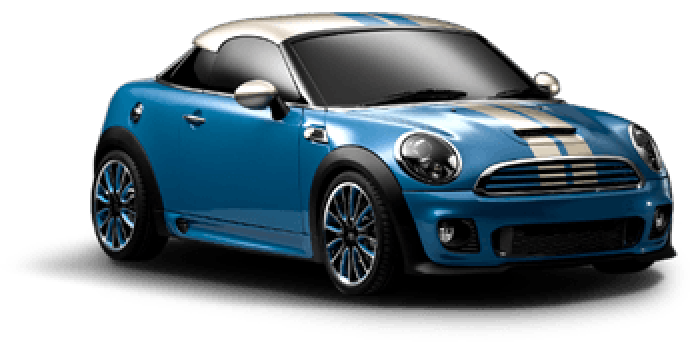 A blue mini cooper coupe is shown on a white background | The Shop Norcross