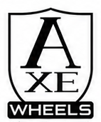 Black-and-white Axe Wheels logo with stylized A and XE inside a shield outline