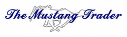 Logo reading “The Mustang Trader” in blue script with a horse outline on a white background