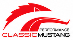 Classic Mustang Performance logo with red stylized Mustang silhouette and black/red text