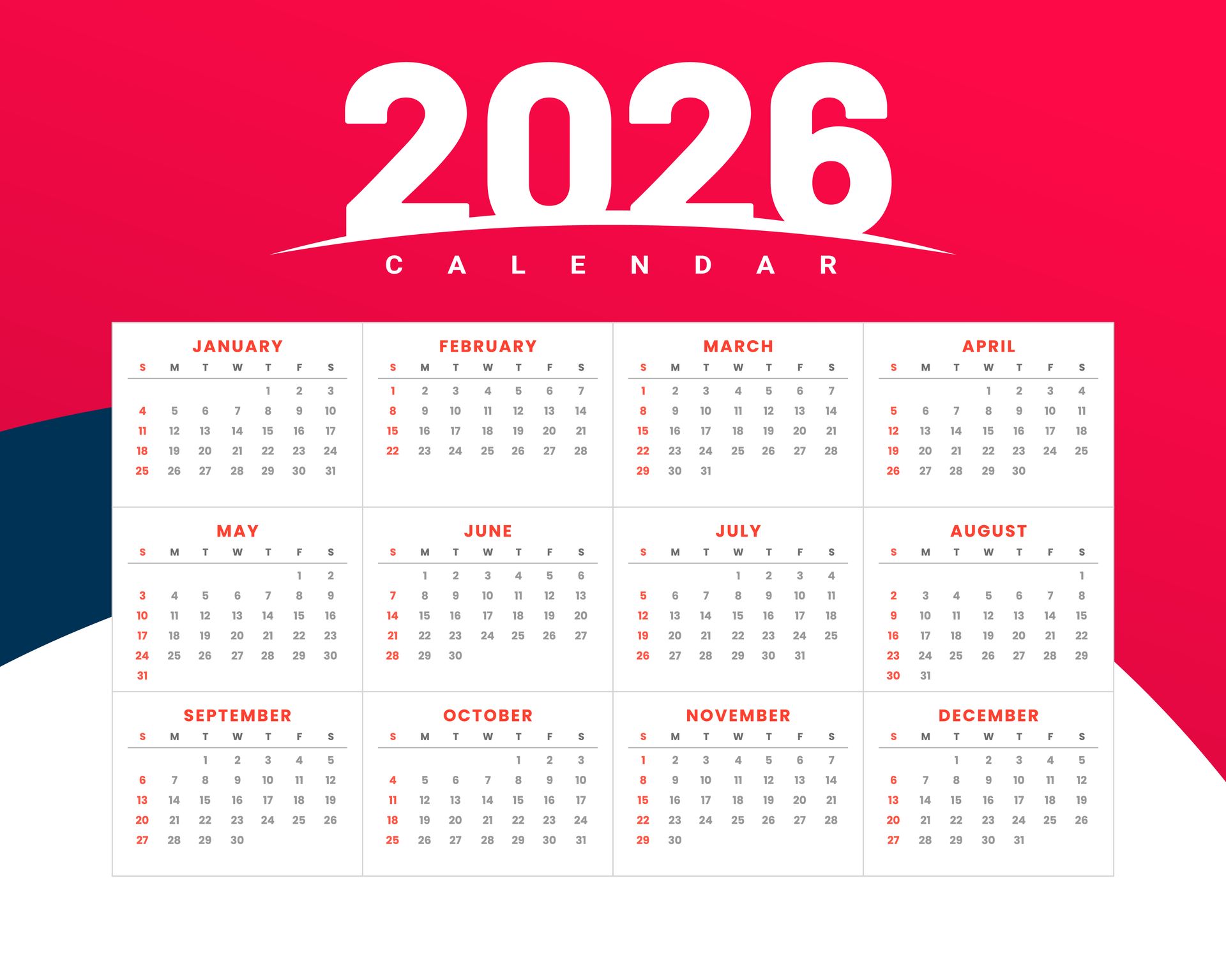 2026 calendar poster with pink and navy design, showing all months in a compact grid