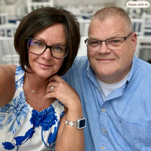 Smiling couple seated close together, woman in blue floral top and man in blue shirt, indoors.