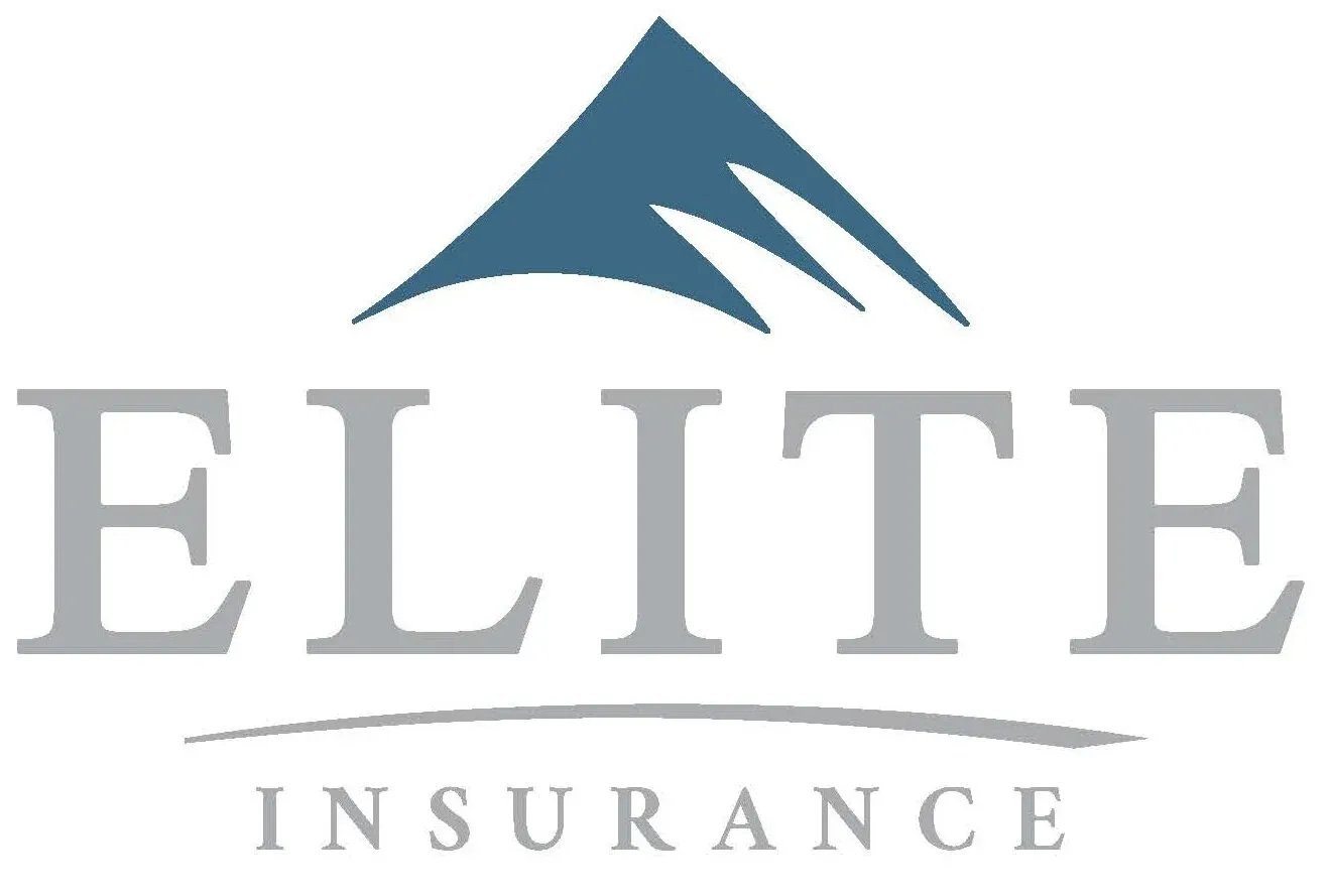 Elite Insurance logo with blue mountain peak above gray serif text.