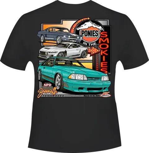 Black T-shirt with a colorful graphic of three classic Pontiac cars and “Ponies in the Smokies” text