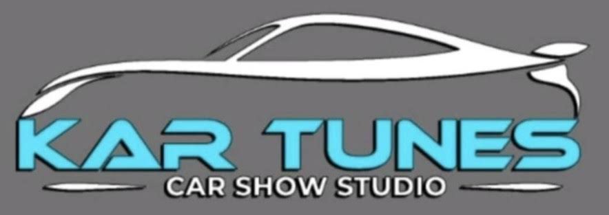 Logo for KAR TUNES Car Show Studio with a white car silhouette and blue text on a black background