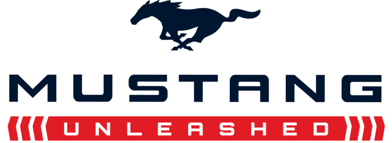 Mustang Unleashed logo with galloping horse silhouette and red banner text